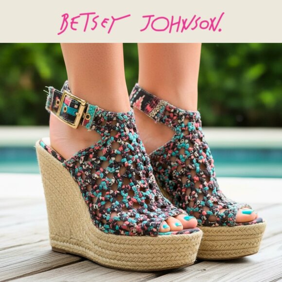 Betsey Johnson I Womens Size 6 I Multi Peep Toe Espadrille Wedge Sandals Heels - Picture 1 of 9